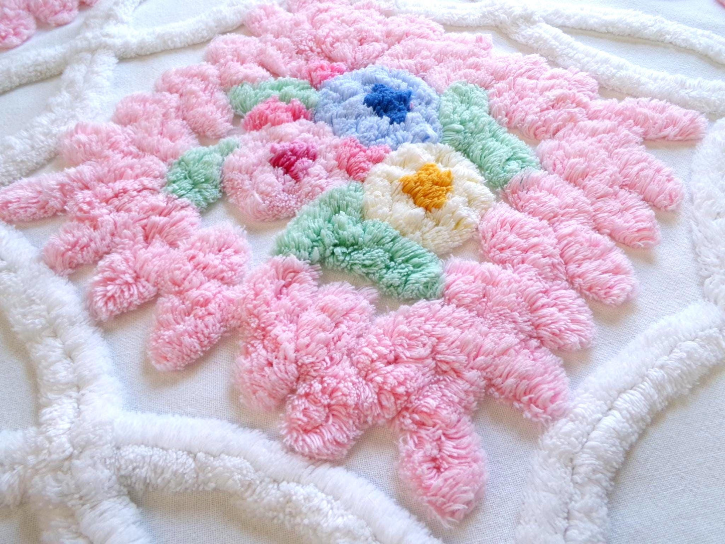 heavenly cottage chic vintage chenille fabric, heavy tufted frosted wedding cake floral 17" x 23" inch piece of pink & white sewing material