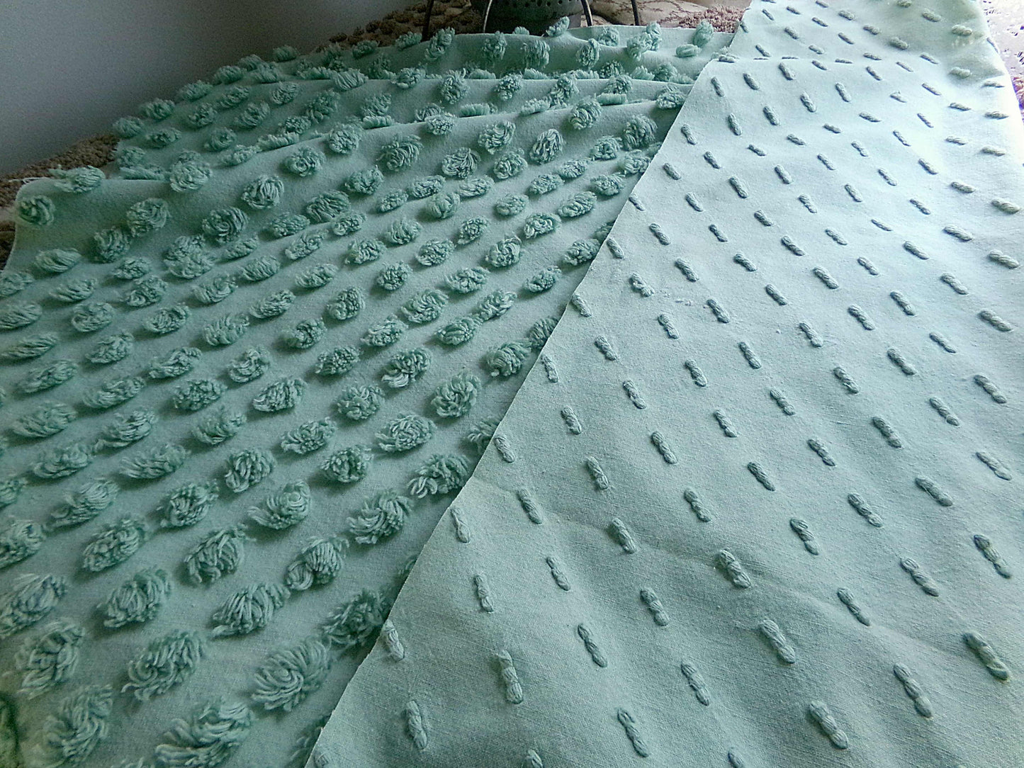 Vintage "Money Tree Green" Chenille Fabric, 20" x 25" inch Piece, Cute Puffy Dots, Great for Handmade Quilts, Crafts