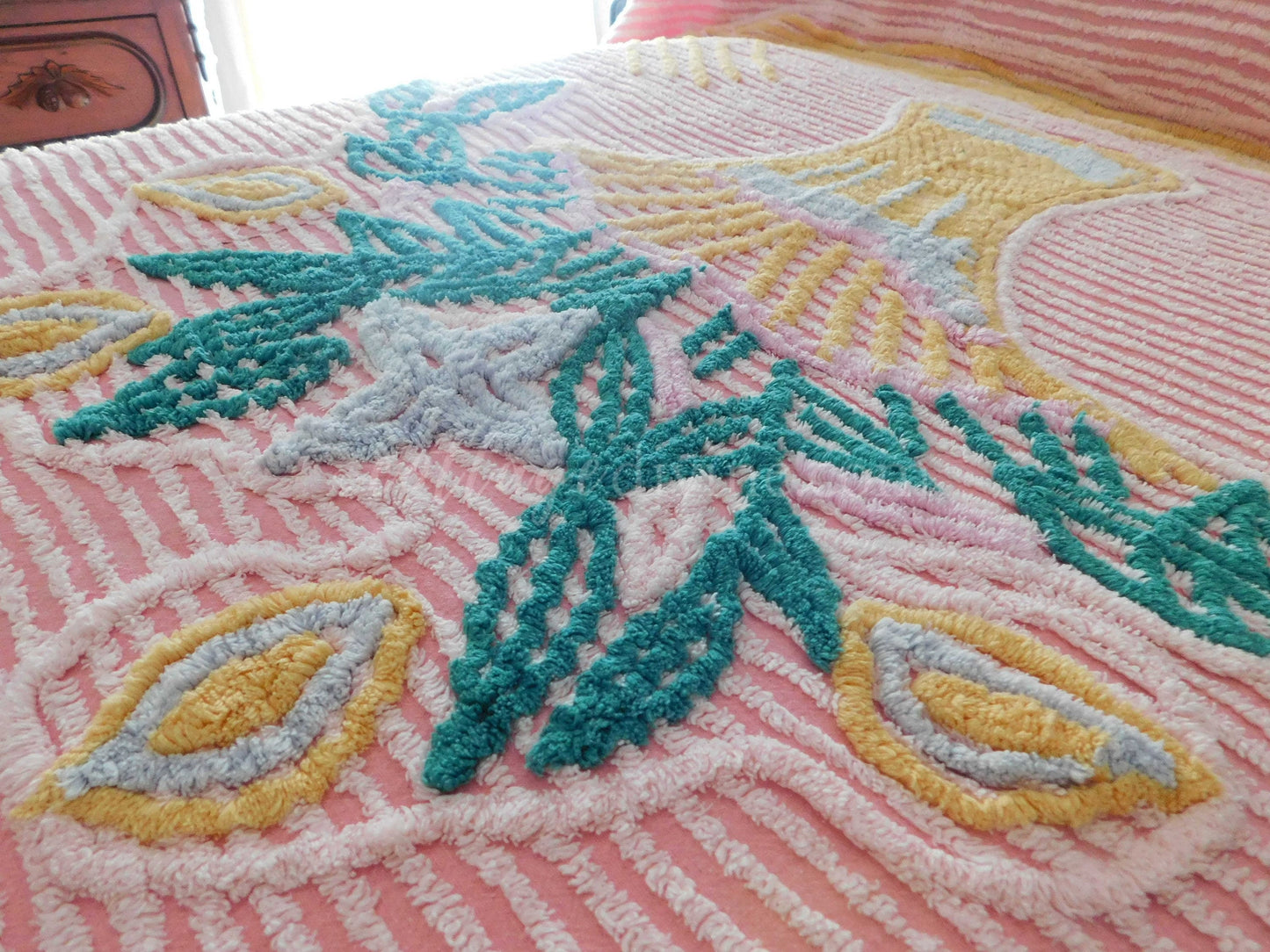 Vintage Chenille Bedspread, Giant Flower Basket on Pink, Full Size, 100% Cotton, Shabby Cottage Bedding