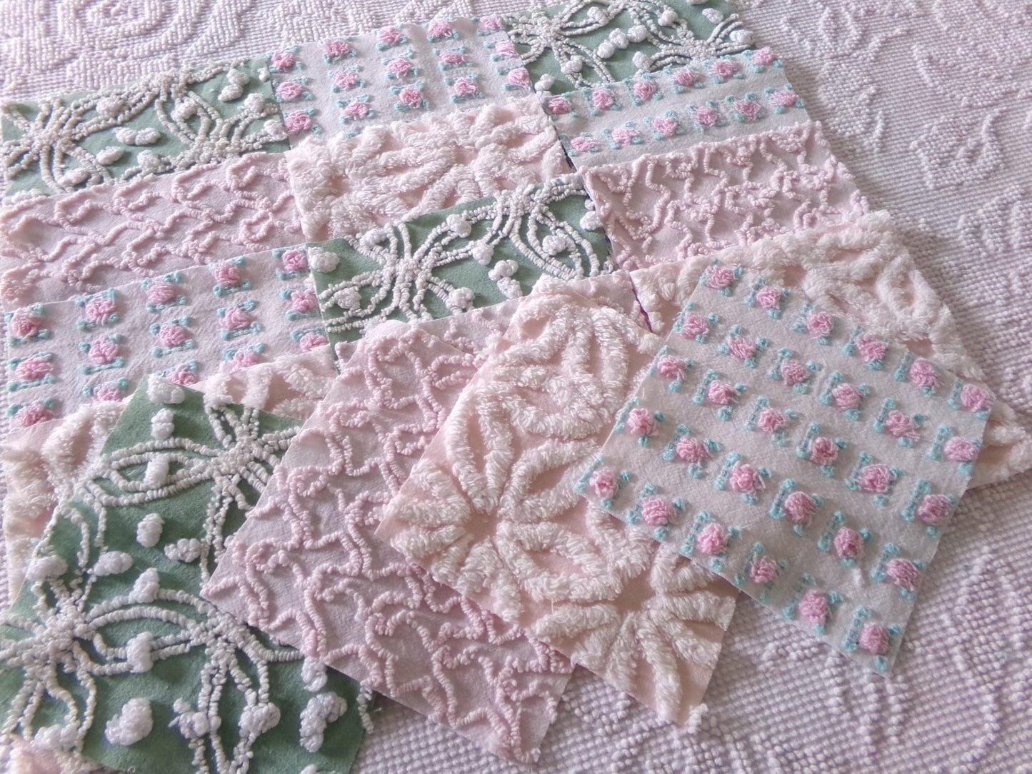 vintage chenille fabric quilt squares, "granny's garden" set of 16 blocks, 6" x 6" inch, pretty in rag quilts & patchwork pillows