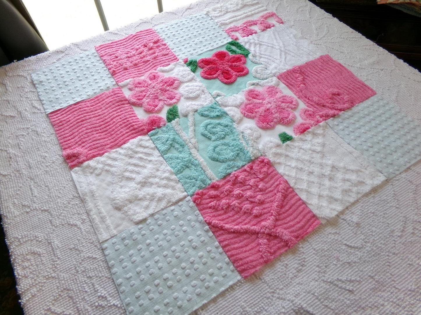 seafoam & pink 6" chenille squares, set of 16 quilt blocks rotary cut from vintage chenille bedspread fabrics