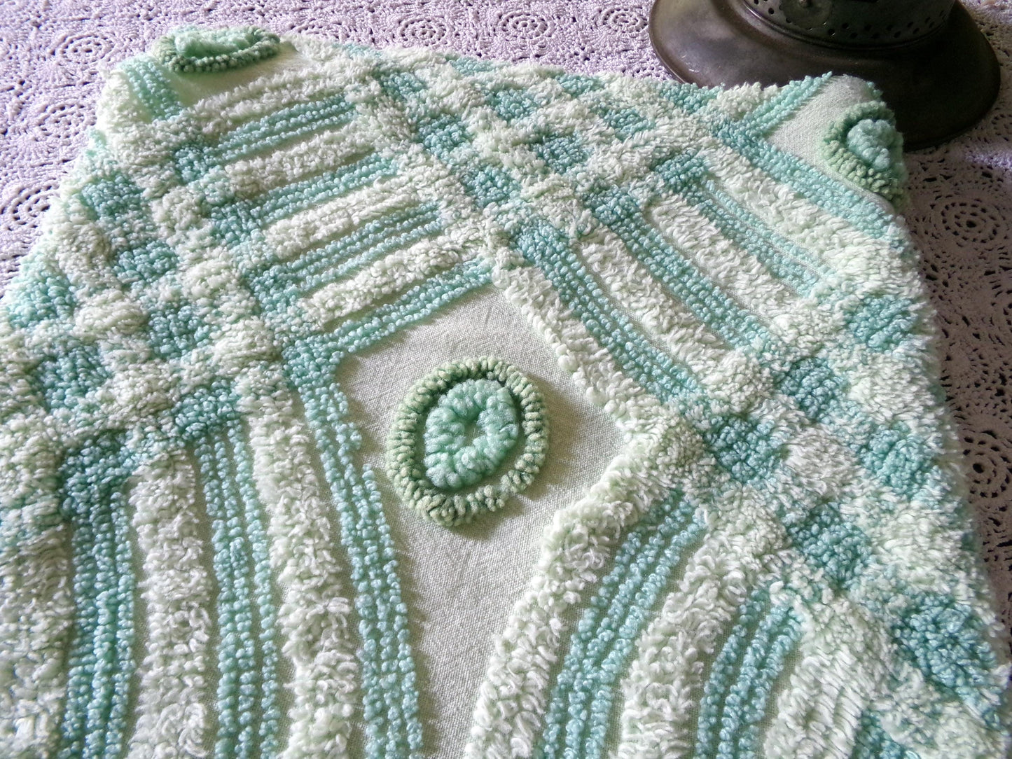 Retro Two Tone Shamrock Green Vintage Chenille Fabric Material, 18" x 31" inch Piece, Donut Dots, Long Tonal Stripes