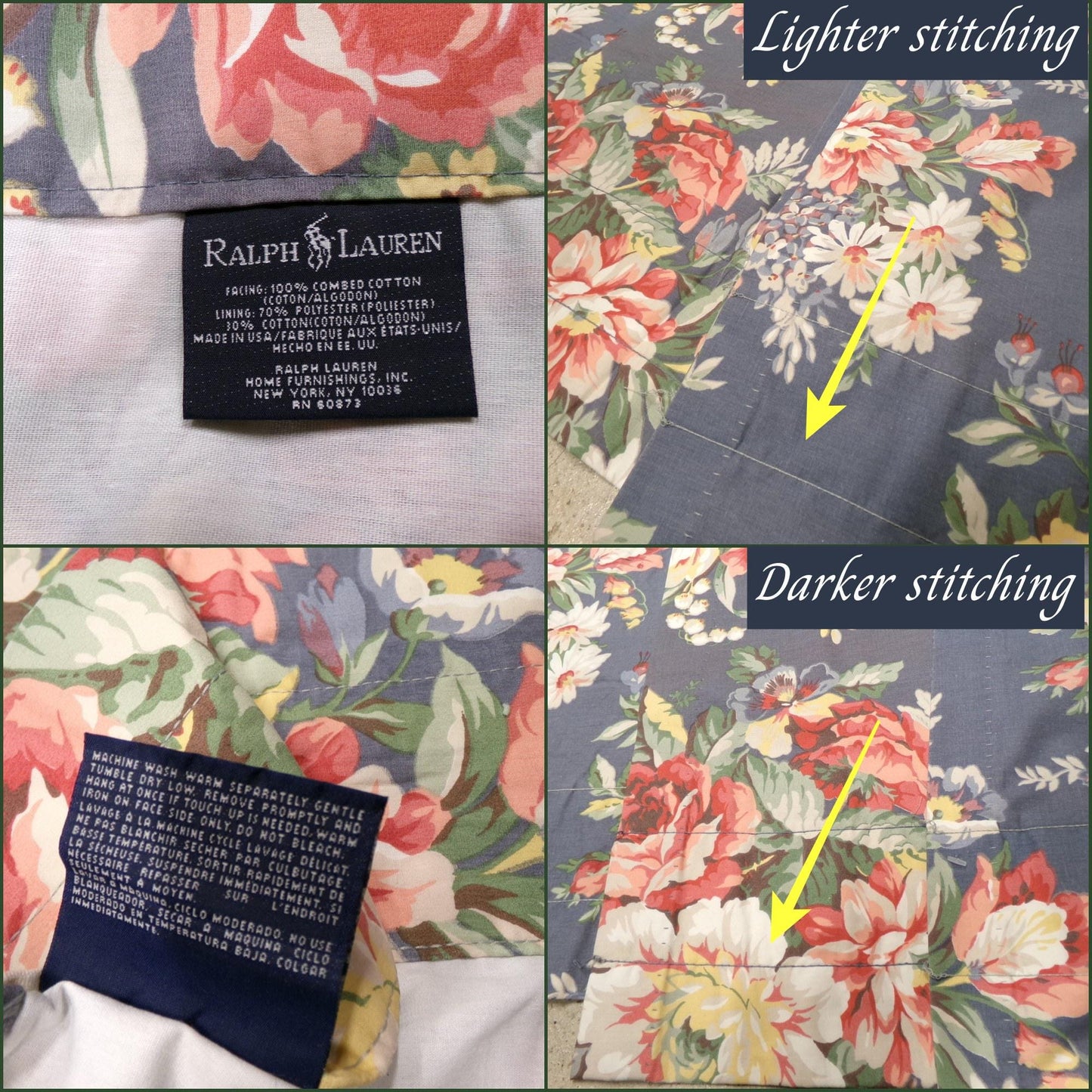 Lot of 3 Pair Ralph Lauren Kimberly Drapes Window Curtains, 6 Panels of Vintage Blue Floral Drapery Panels