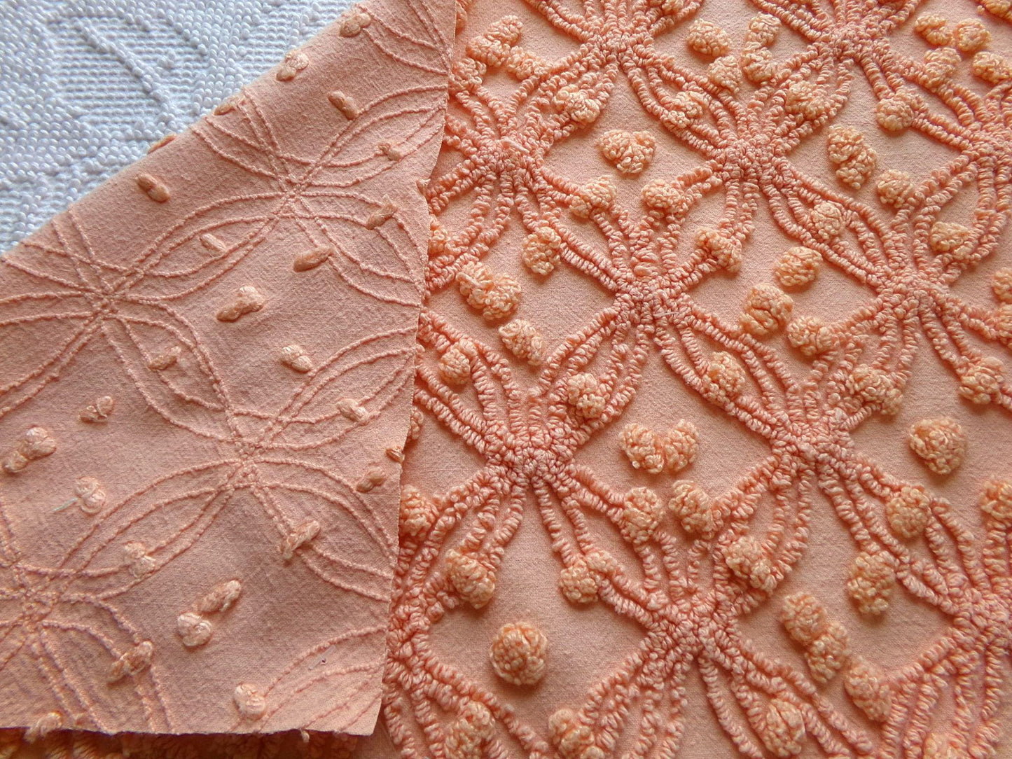 delicious peach vintage chenille fabric, 18" x 24" inch piece of cotton quilt & sewing material, overtufted pops wedding ring design