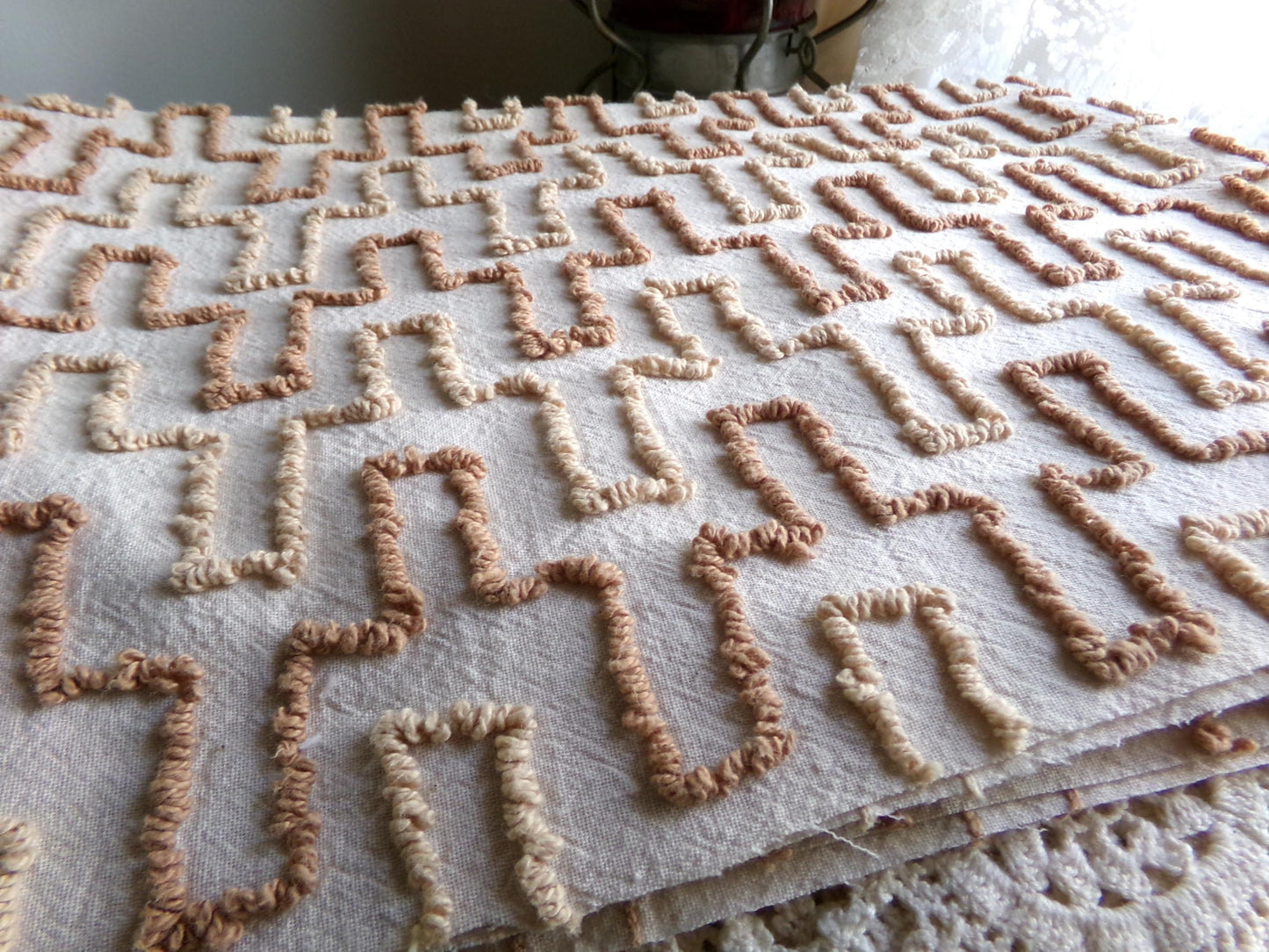 Sandcastles Vintage Chenille Fabric, 18" x 24" Piece, Earthtone Geometric Boho Browns, for Quilts, Sewing, Fiber Arts, Crafts