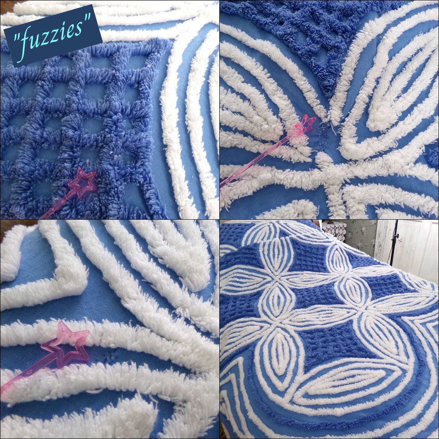 coastal style chenille bedding, full size vintage cotton bedspread in dominant blue & white wedding ring design