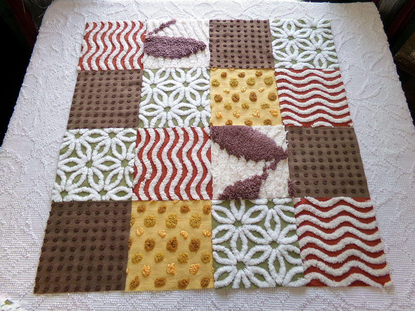 earthtones 6" chenille squares, "autumn winds" set of 16 craft quilt blocks cut in warm boho fall colors for patchwork projects, rag quilts