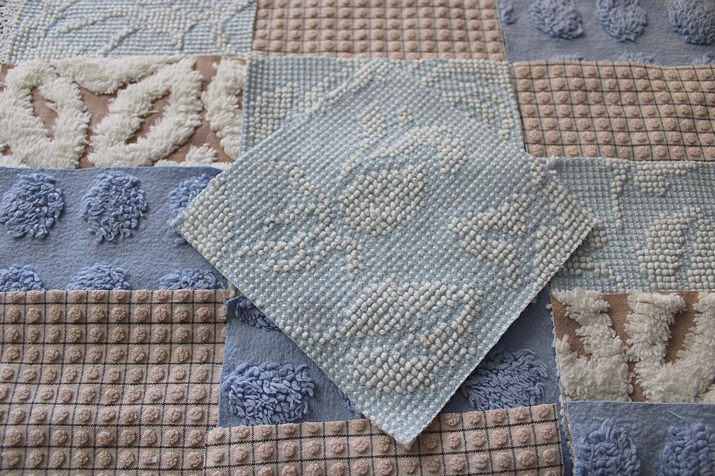 Beach Walk Vintage Chenille Fabric Squares, Blue, White & Sand Craft Square Set, 16 Blocks, 6" x 6" inch, Modern Chic