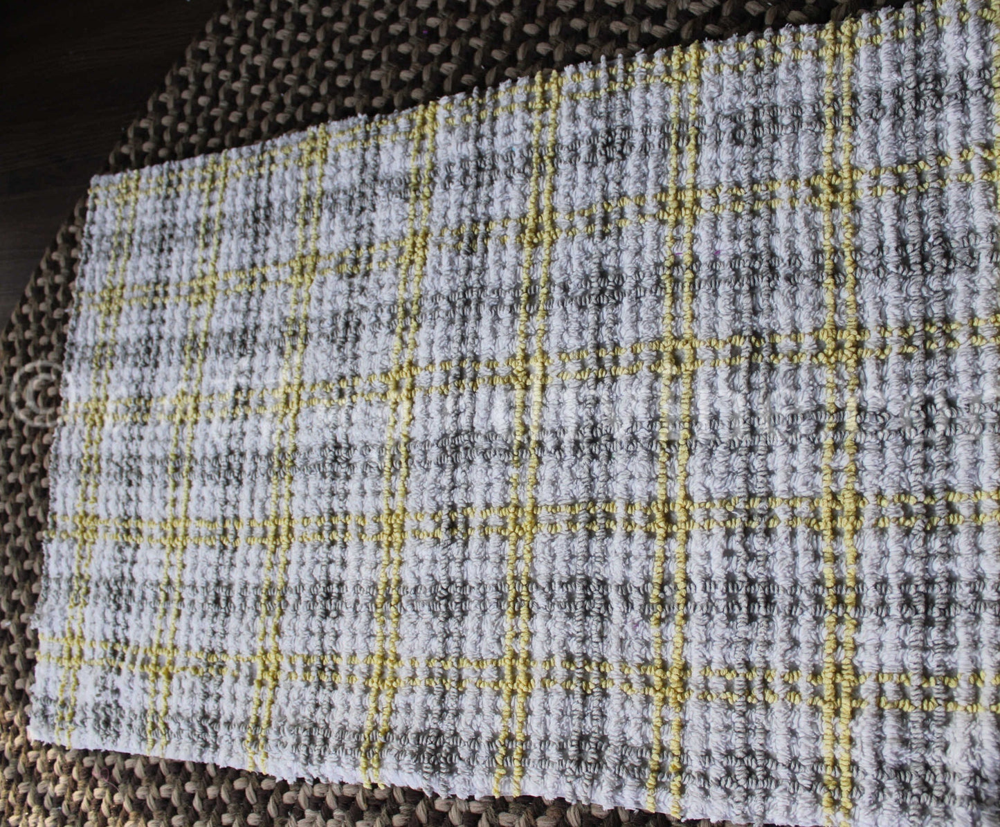 Stormy Grey, Sunny Yellow Plaid Vintage Chenille FABRIC PIECE, 17" x 26" inches, Cabin Crafts Texturized Contrast Needletufting