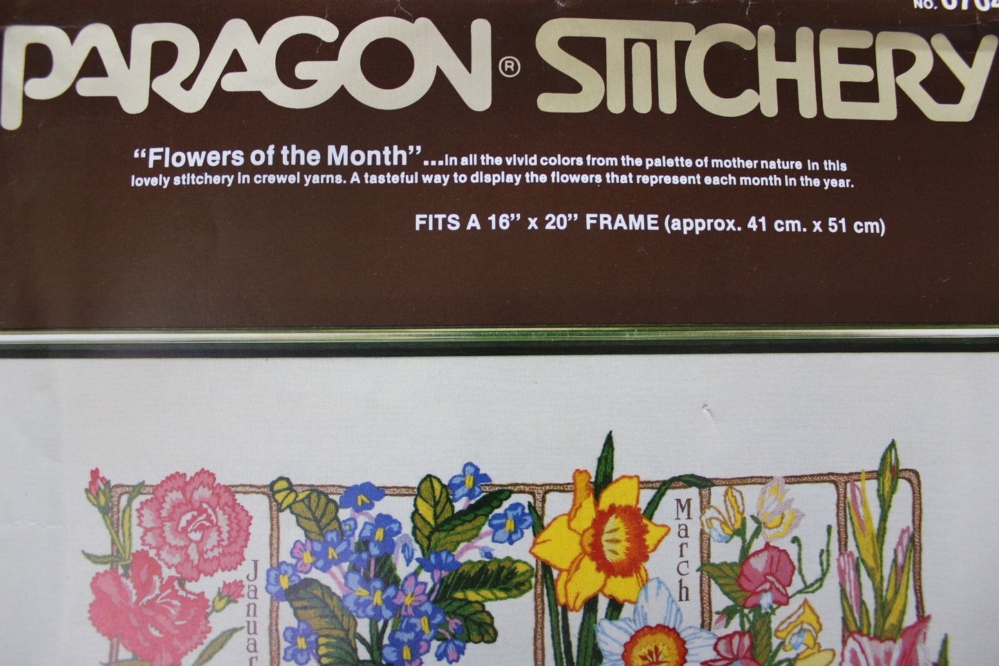 FLOWERS of the MONTH Vtg Crewel Embroidery Kit Floral Paragon Stitchery 0704