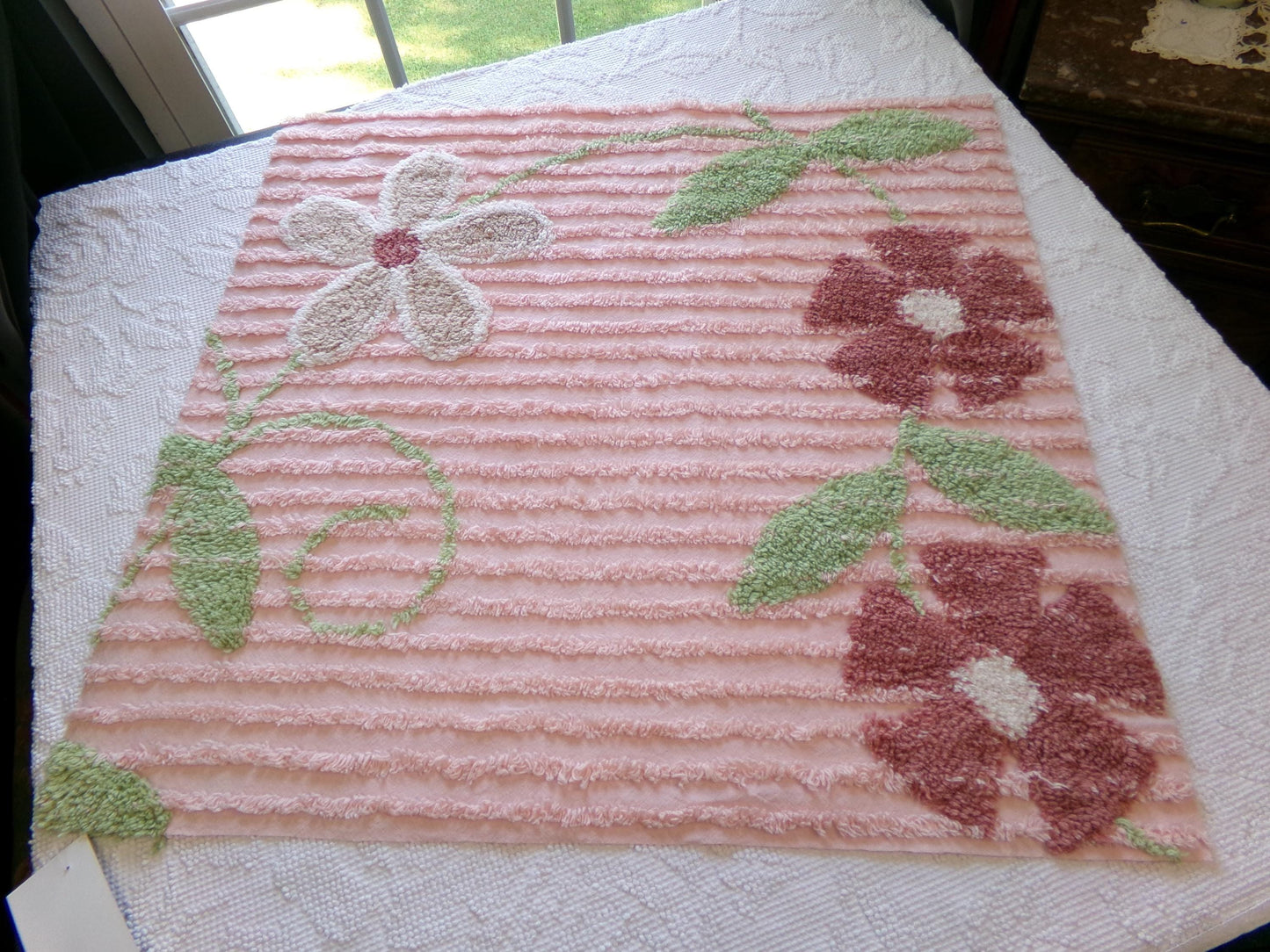 Rosy Pink Floral Vintage Chenille Fabric, Wideset Climbing Daisy Flower Design, 25" x 24" inch Piece of Cotton Sewing Material