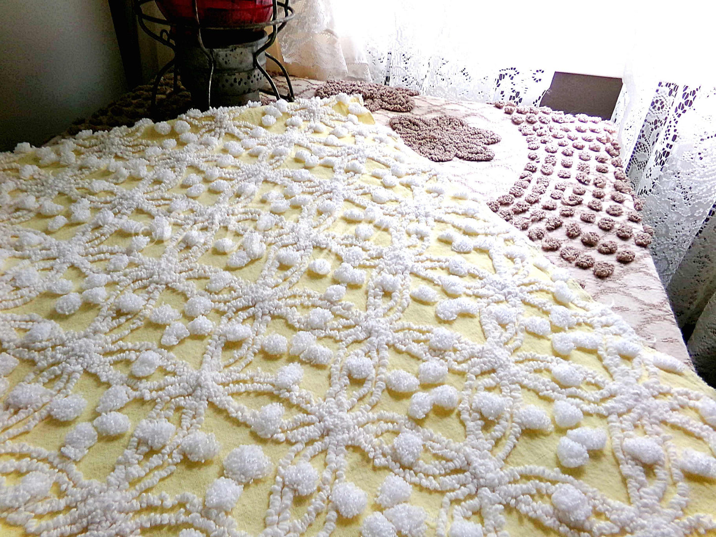Sunny Yellow Vintage Chenille Fabric, White Geometric Wedding Ring & Pop Design, 20" x 24" Inch Piece, Popular in Handmade Quilts