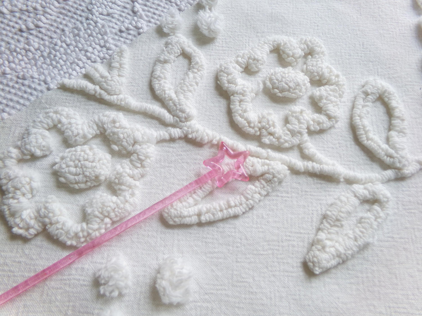 Vintage White Floral Chenille Fabric: Farmhouse Style 23" x 16" Cut Piece