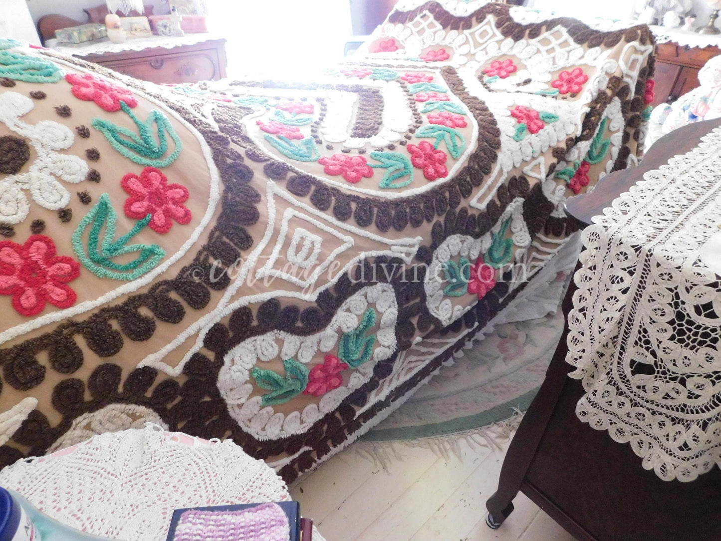 Chocolate Cherry Heart Cake Midcentury Vintage Chenille Bedspread, Cotton, Full Size