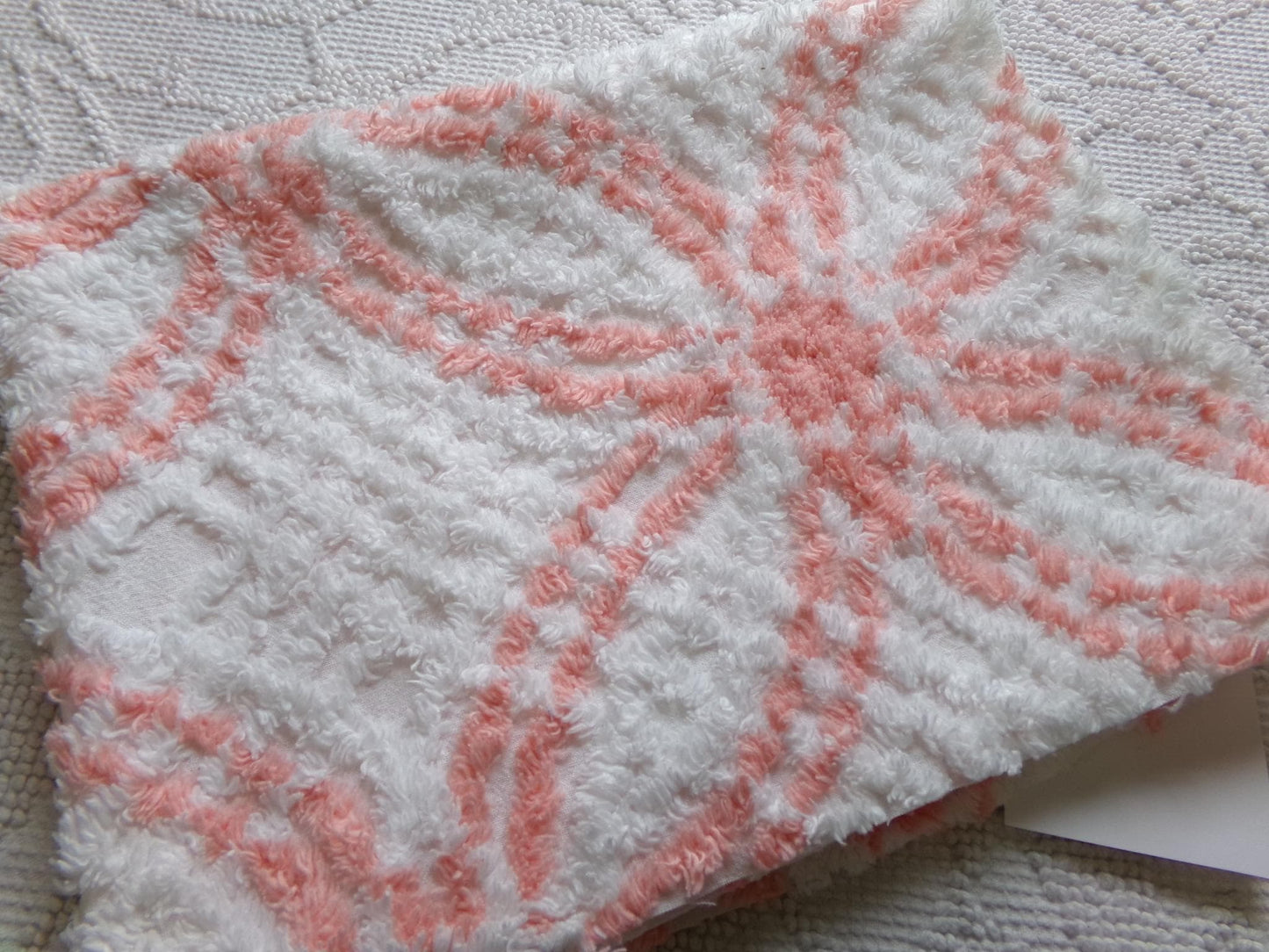 creamsicle peach & white chenille fabric piece, vintage cotton quilt material, wedding ring design, 18" x 23"