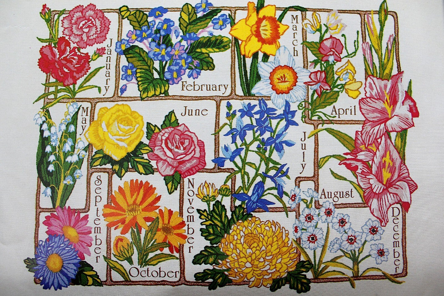 FLOWERS of the MONTH Vtg Crewel Embroidery Kit Floral Paragon Stitchery 0704