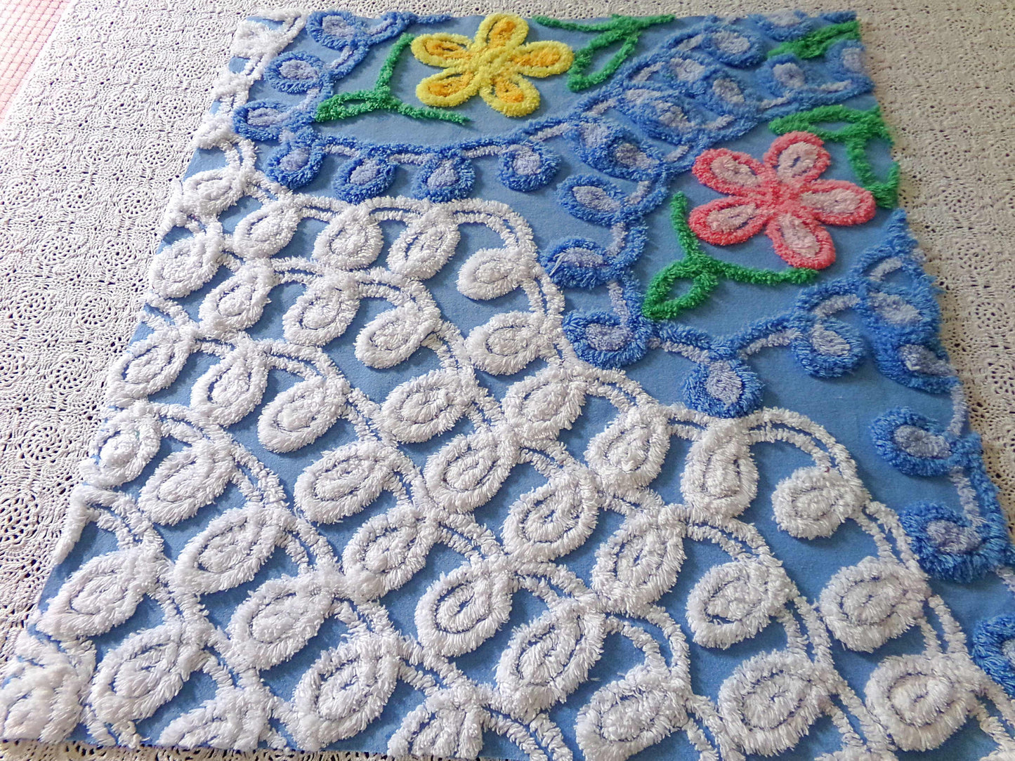 Teardrop Blue Floral Vintage Chenille Fabric, 20" x 21" Inch Piece, Great for Pillow Cover