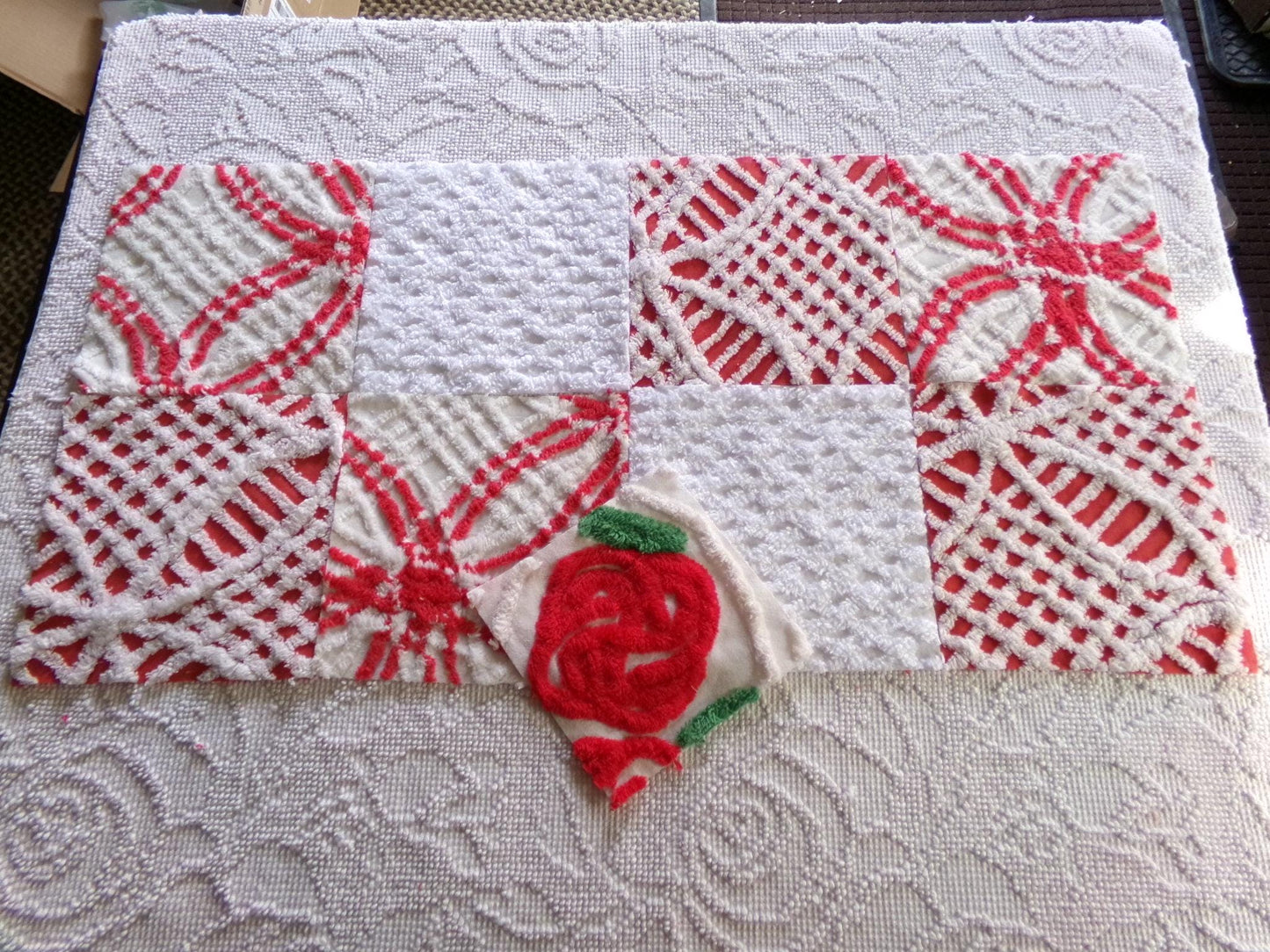 rose red & white chenille fabric squares, 7.5" vintage quilt blocks, set of 8 for sewing, Christmas crafts, quilting