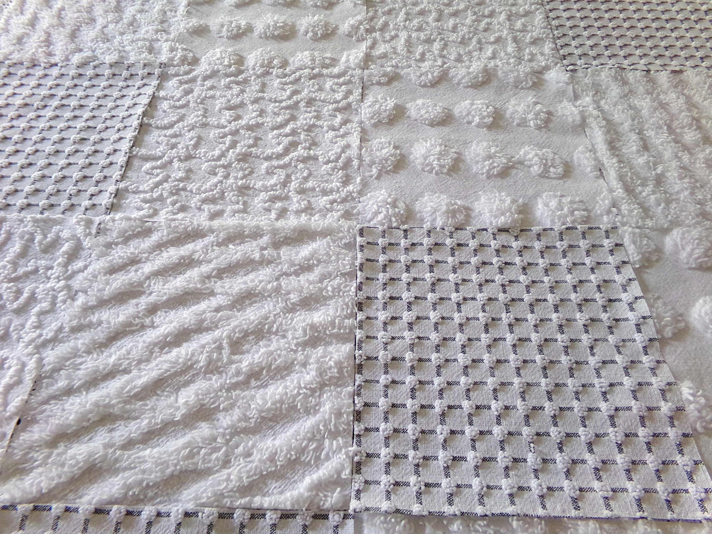 Blizzard White Vintage Chenille Fabric Squares, Diamond Ice, Coin Pop, Squiggle & Micro Grid, Set of 16 Quilt Blocks, 6" x 6" inch each