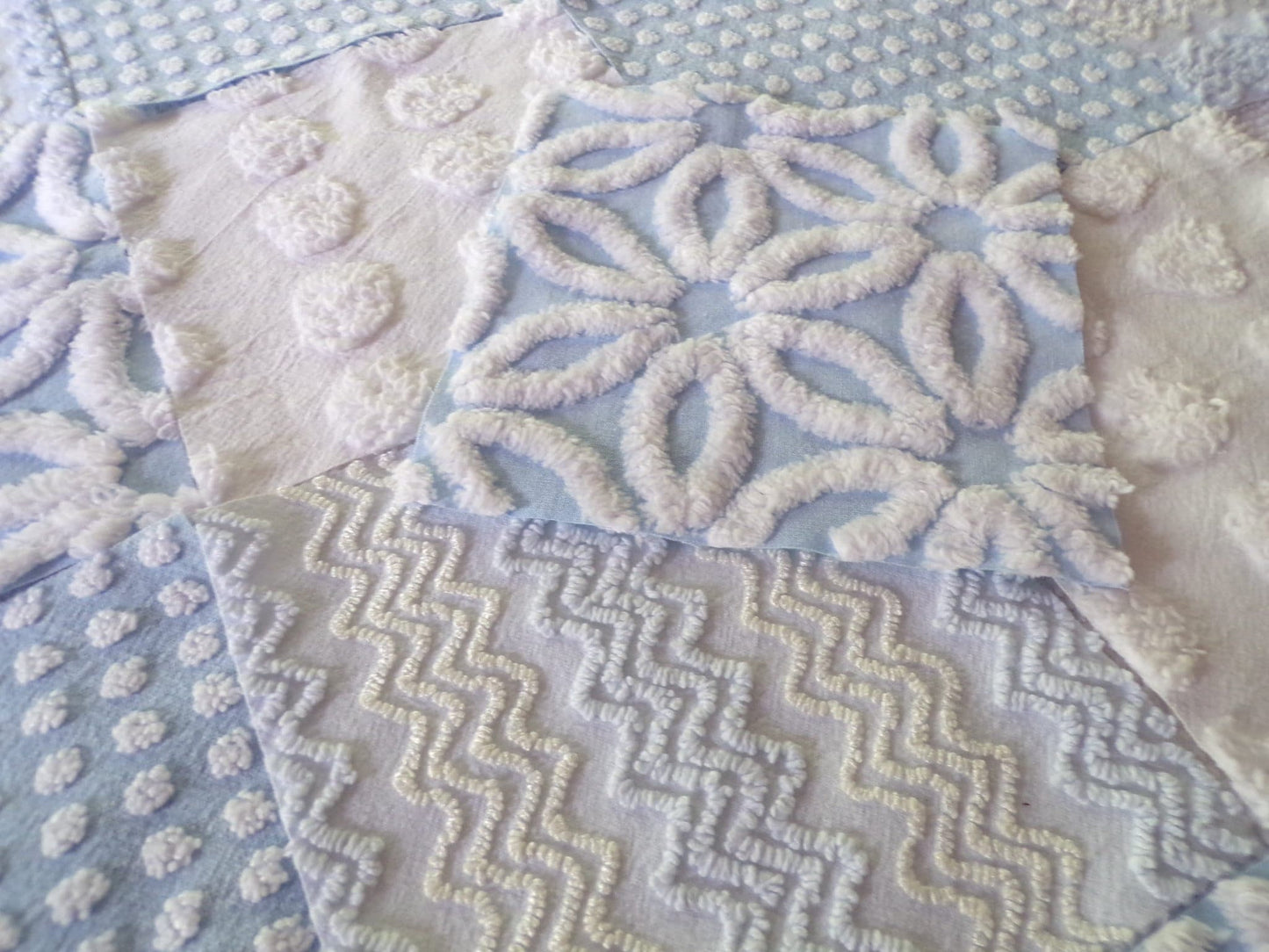 Blue Quilt Squares Set, Rotary Cut from Vintage Chenille Bedspread Fabric, 16 Blocks, 6" x 6" inch