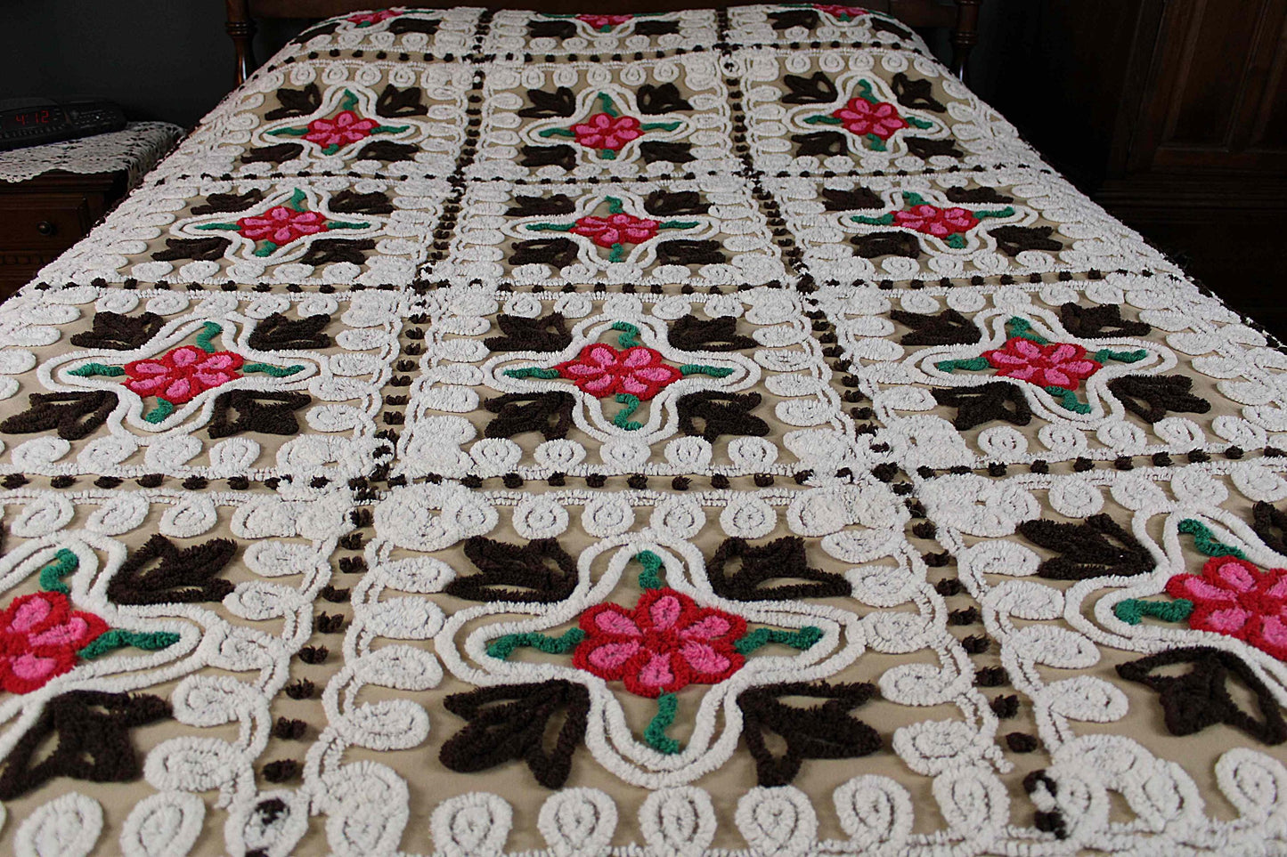Boho Vintage Chenille Bedspread, Pink Roses on Cocoa Brown, Full Size Cotton Bedding