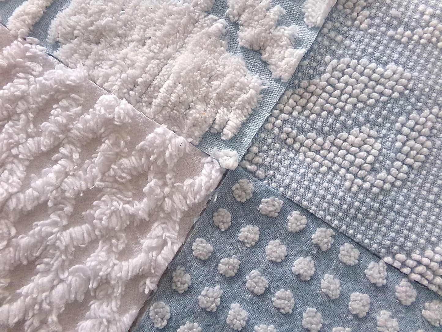 seaside chill chenille fabric squares, 16 vintage blue & white quilt blocks 6" x 6" inch, for pillows, quilting, crafts