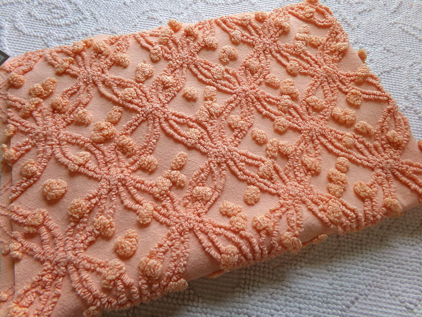 delicious peach vintage chenille fabric, 18" x 24" inch piece of cotton quilt & sewing material, overtufted pops wedding ring design