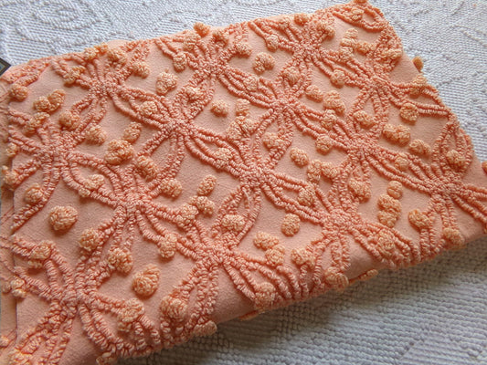 delicious peach vintage chenille fabric, 18" x 24" inch piece of cotton quilt & sewing material, overtufted pops wedding ring design