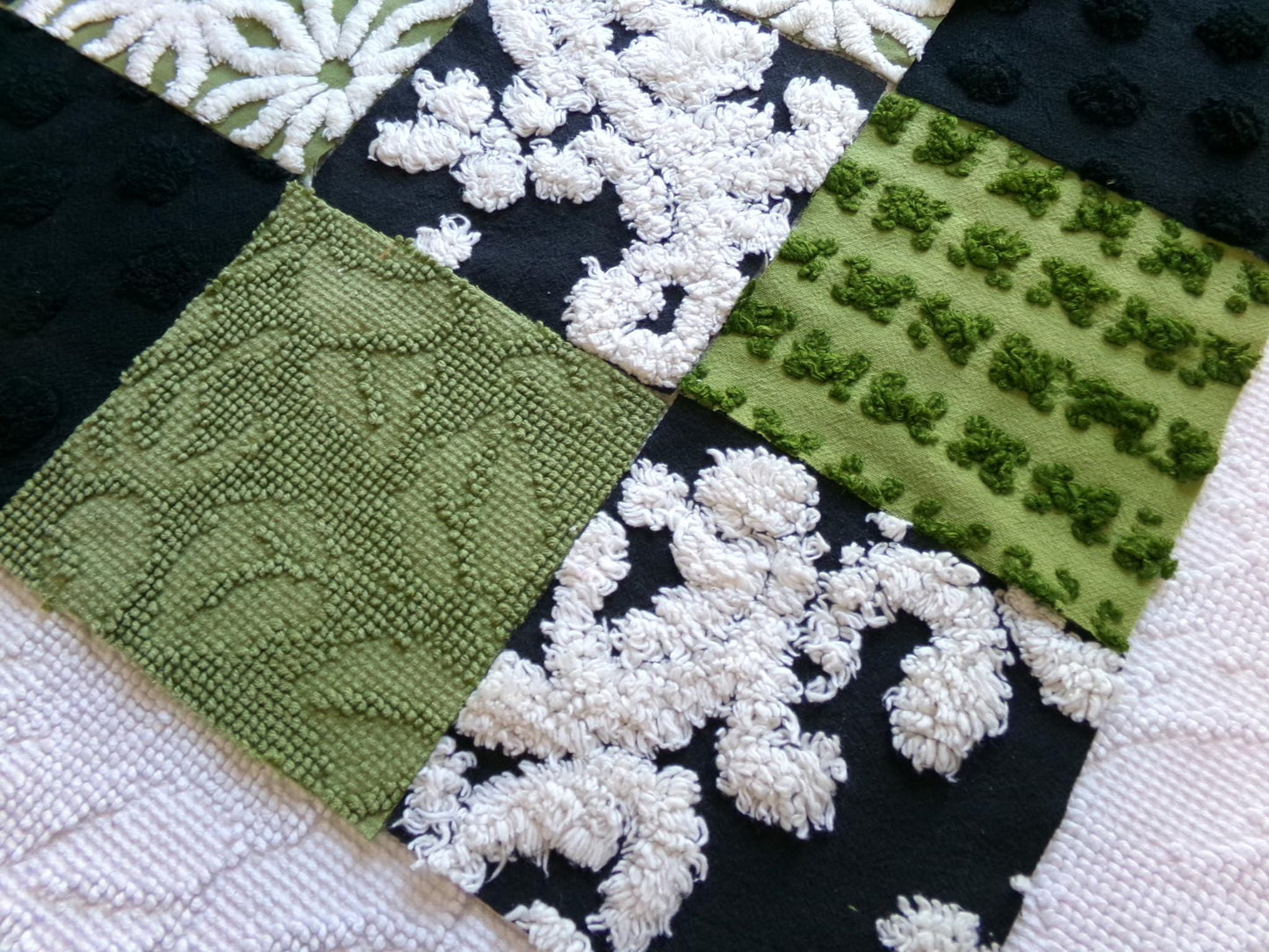 goblin green & black chenille fabric squares, set of 17 vintage boho quilt blocks for hippie style pillows, fiber arts
