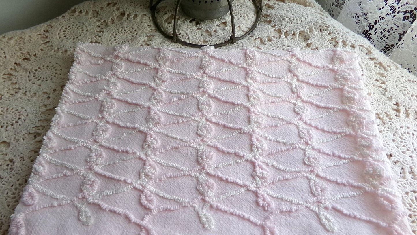 Eternity Knots Vintage Chenille Fabric Material, 19" x 26" inch Piece, Lovely Feminine Pastel Pink & Iridescent Vanilla Cream