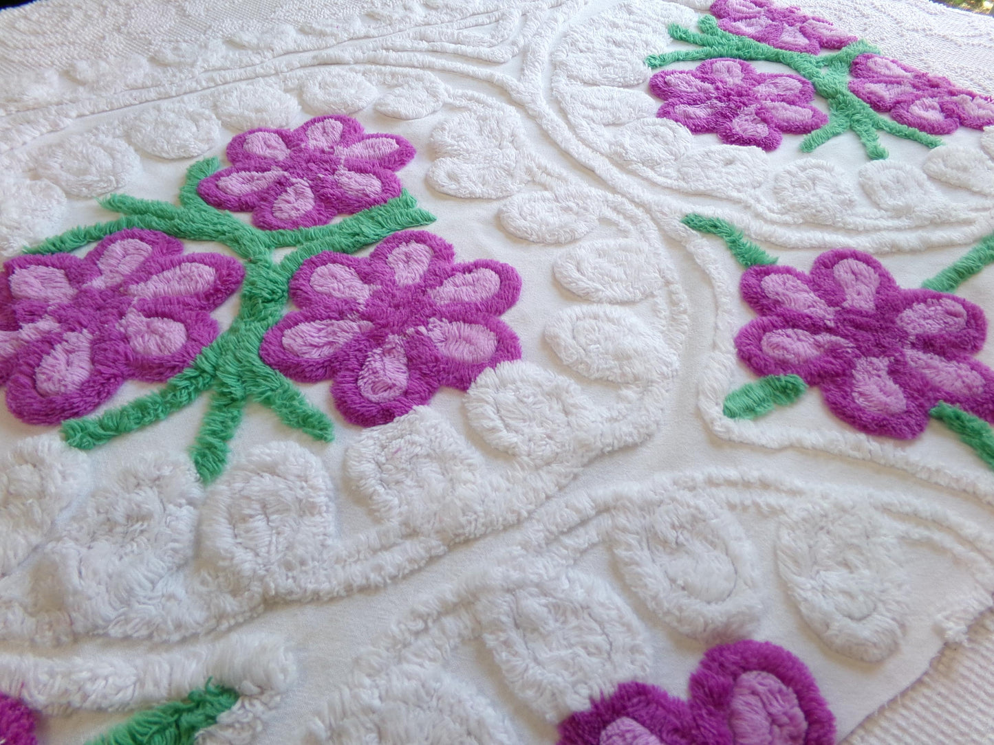 Lilac Garden Blooms Vintage Chenille Fabric, Pretty 22" x 20" Piece of Plush White Cotton Sewing Material Upcycle into Quilts & Crafts