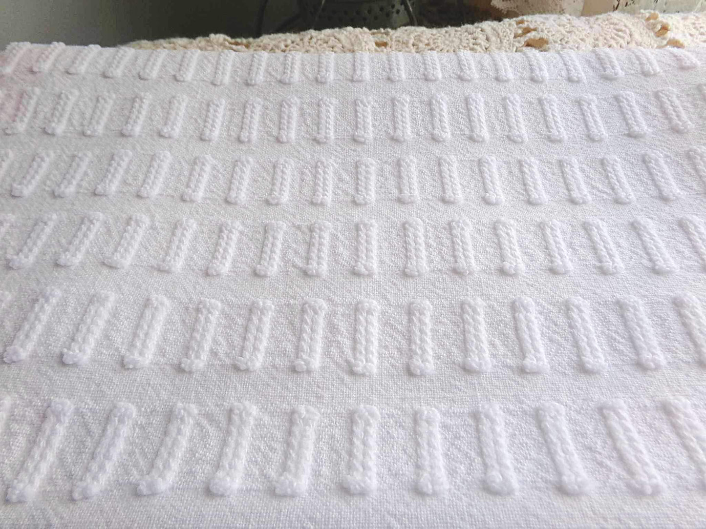 clean crisp white vintage chenille fabric: unique buttonhole design, 19" x 24" cut piece