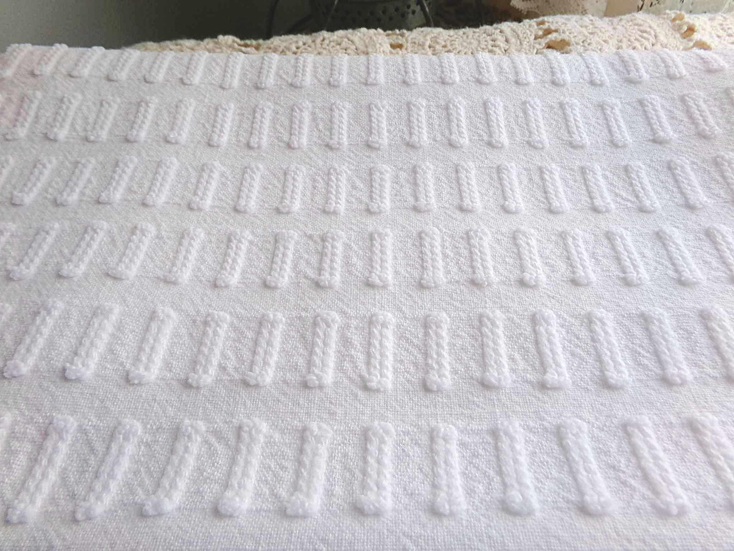 minimalist white vintage chenille fabric: buttonhole design, 18" x 24" cut piece sewing material