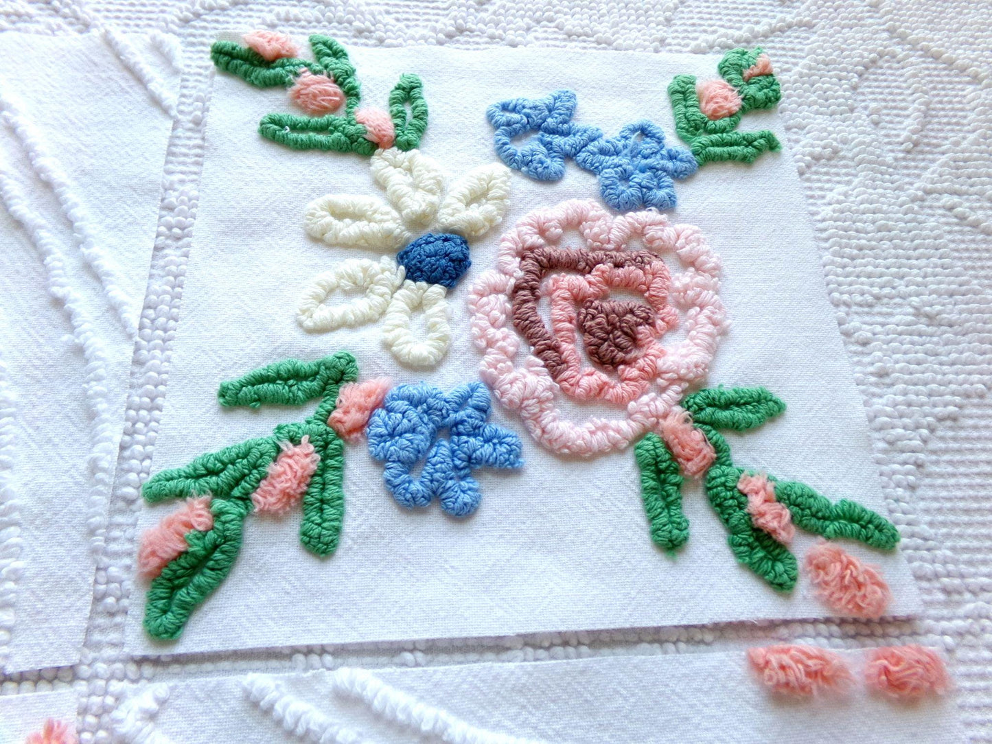 vintage 7.5" chenille fabric squares, set of 6 cottage style quilt blocks, peach, white rose floral & geometric for sewing, crafts, quilting