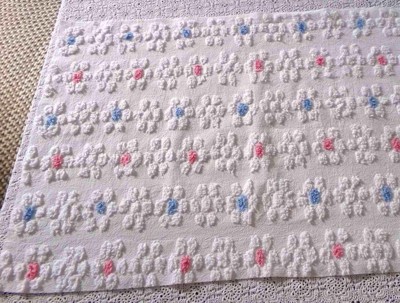 Cute Vintage Style Chenille Fabric, Y2K Daisy Pattern in White, Pink & Blue, 18" x 24" inch Piece, 100% Lightweight Cotton