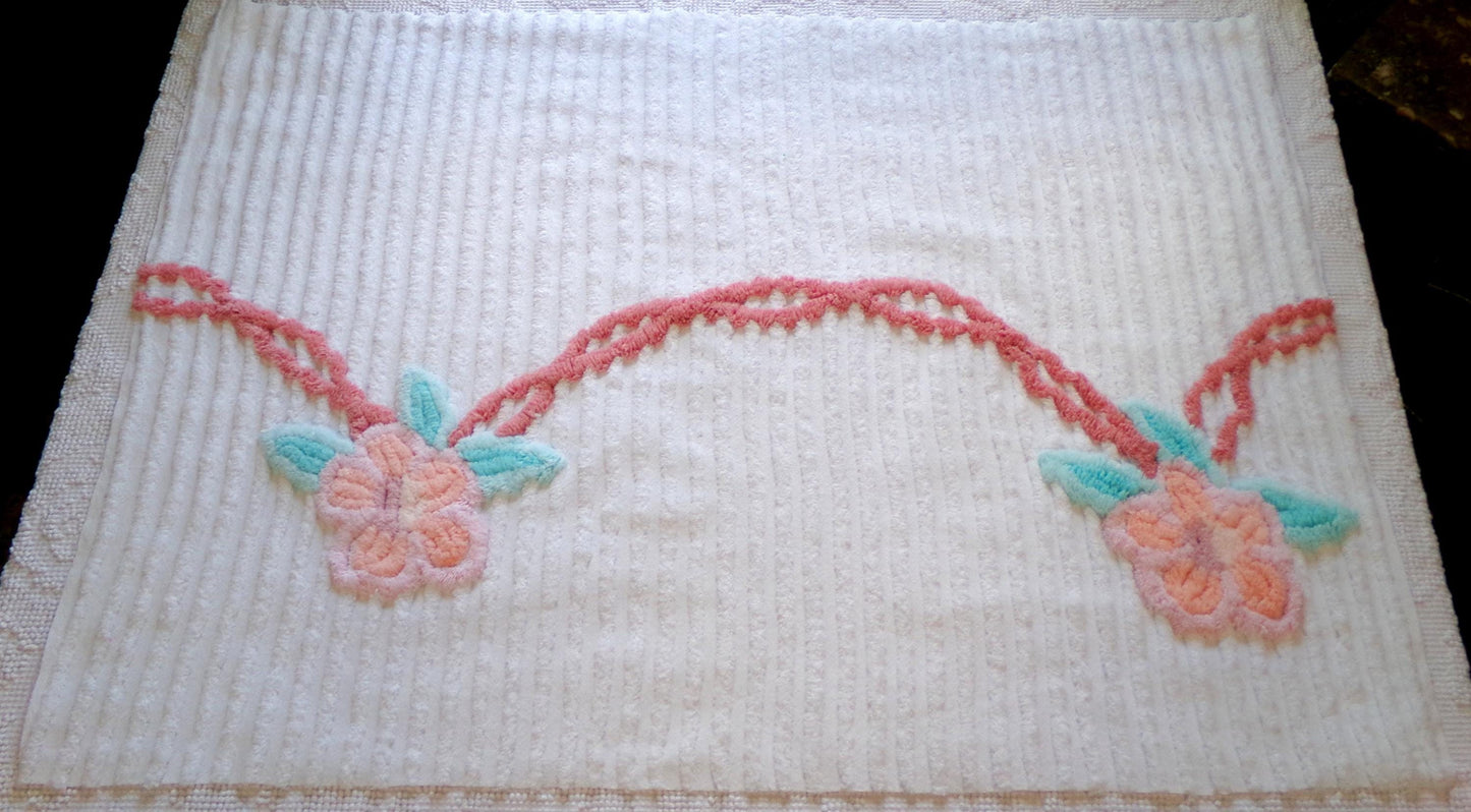 rose garland vintage chenille fabric, floral 20" x 29" piece of white cotton sewing material for crafts, pillows