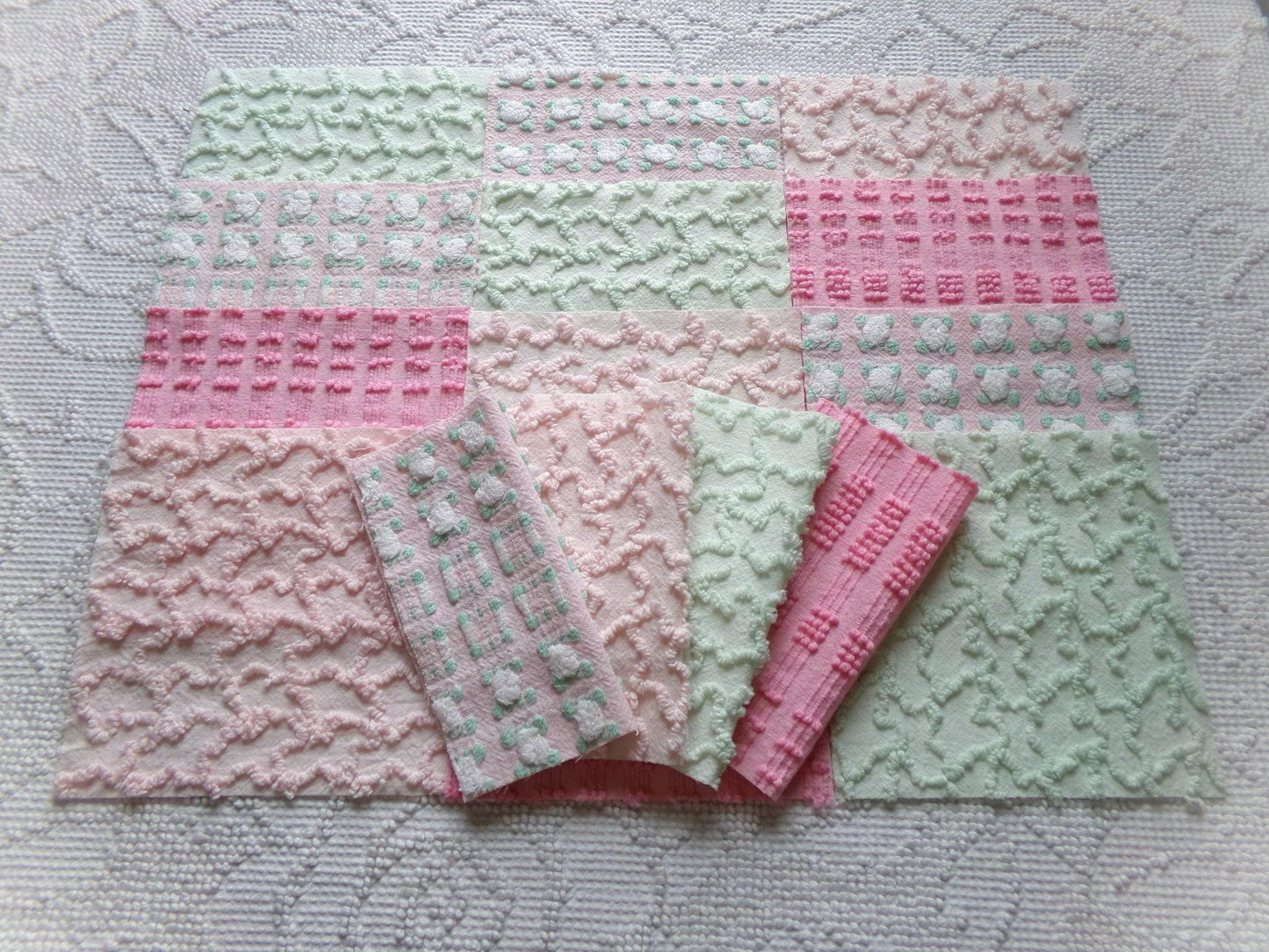 phantom rose 6" chenille squares, green, pink, white rosebud, set of 16 quilt blocks rotary cut from vintage chenille bedspread fabrics