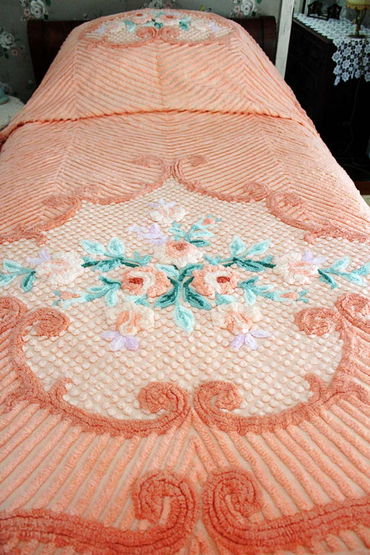 Rosy Romance Vintage Chenille Bedspread, Elaborate Peach Scroll Floral Design, 100% Cotton Full Size Bedding, Original Retrac Tag