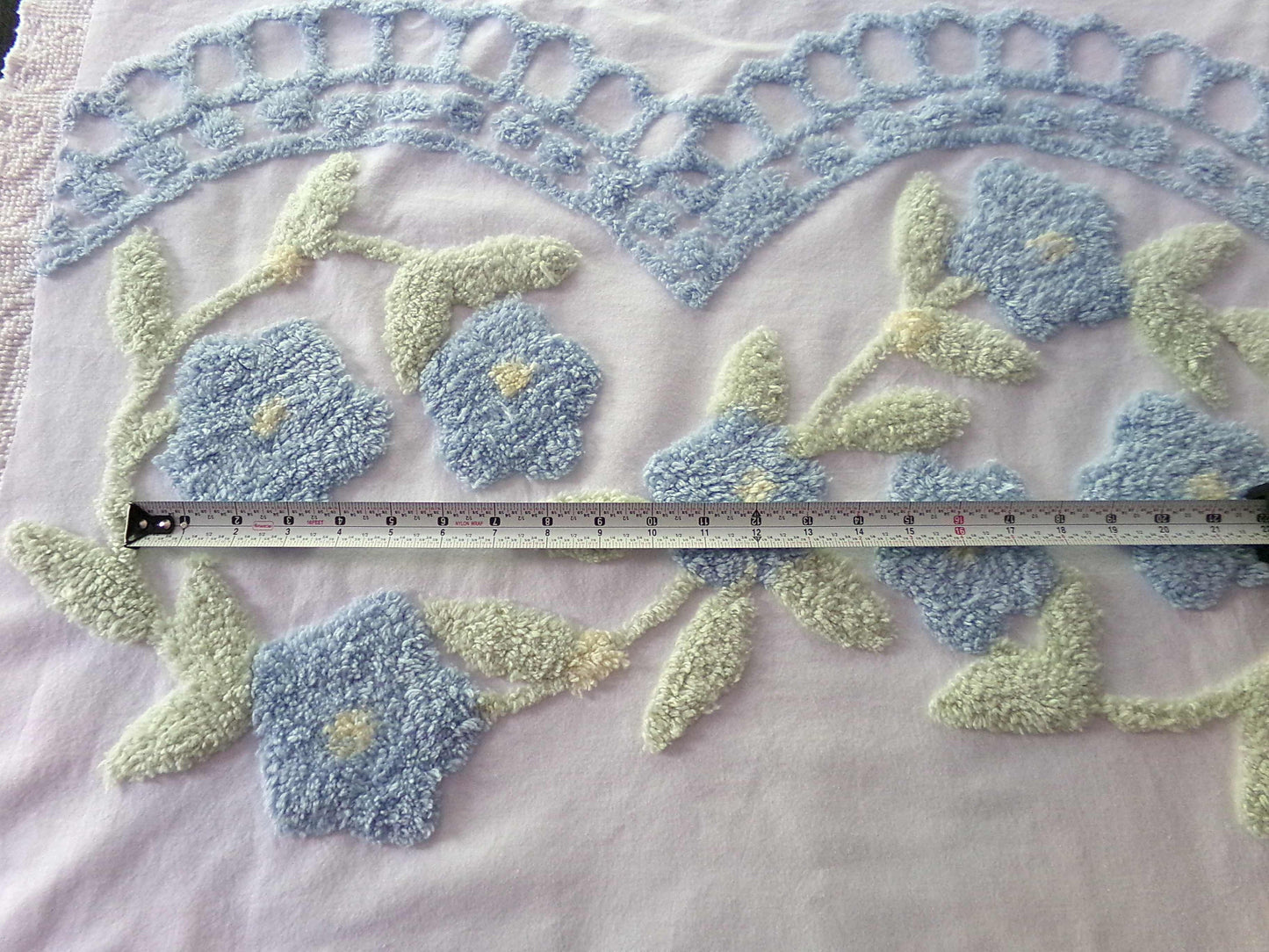 Blooming Blue Flowers Vintage Style Chenille Fabric, 24" x 28" inch Piece, 100% Cotton with Plush Florals, Great for Pillows