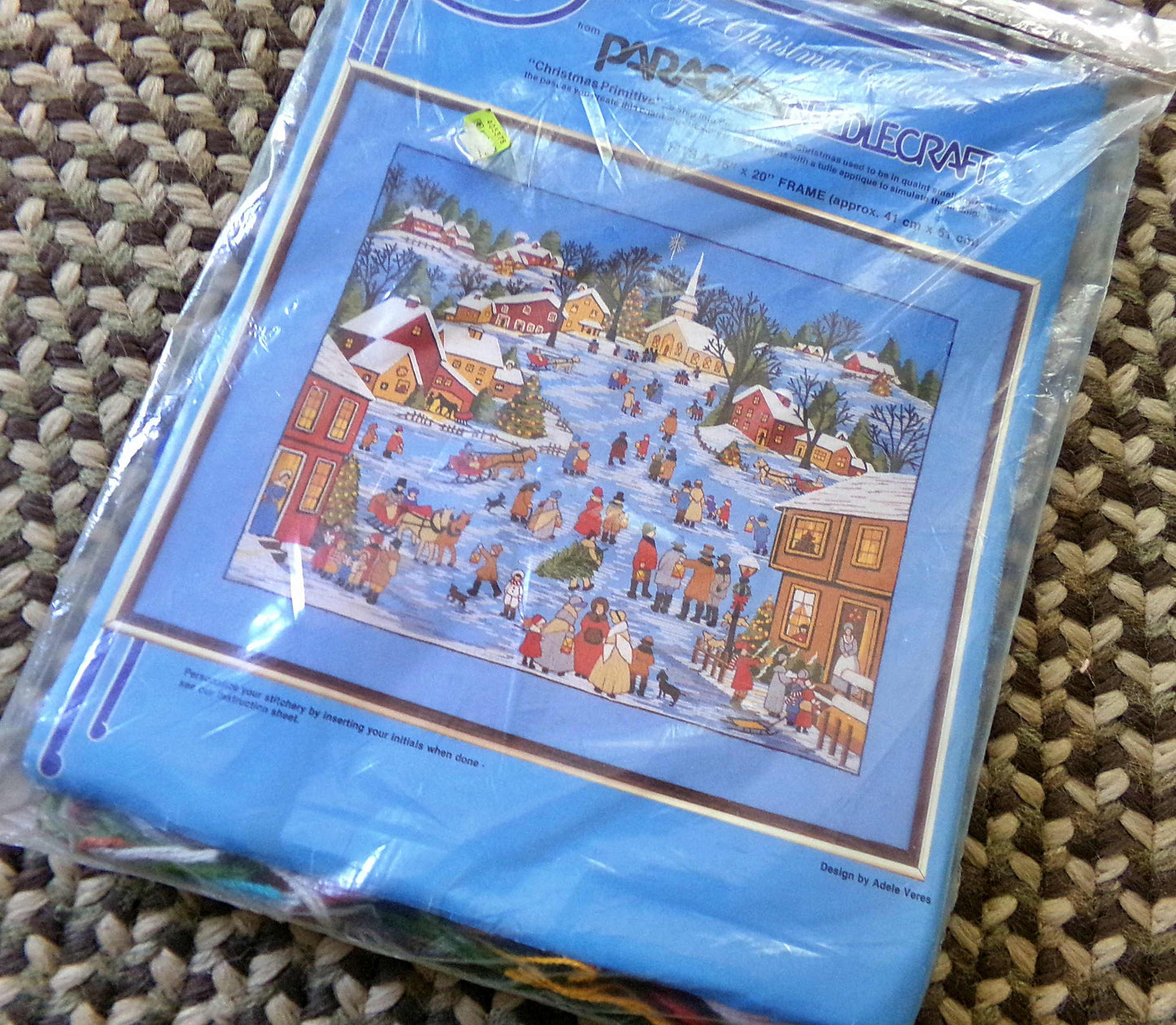 Christmas Primitive Crewel Stitchery Kit, Vintage Paragon Embroidery 6732, Country Village Winter Scene, Adele Veres