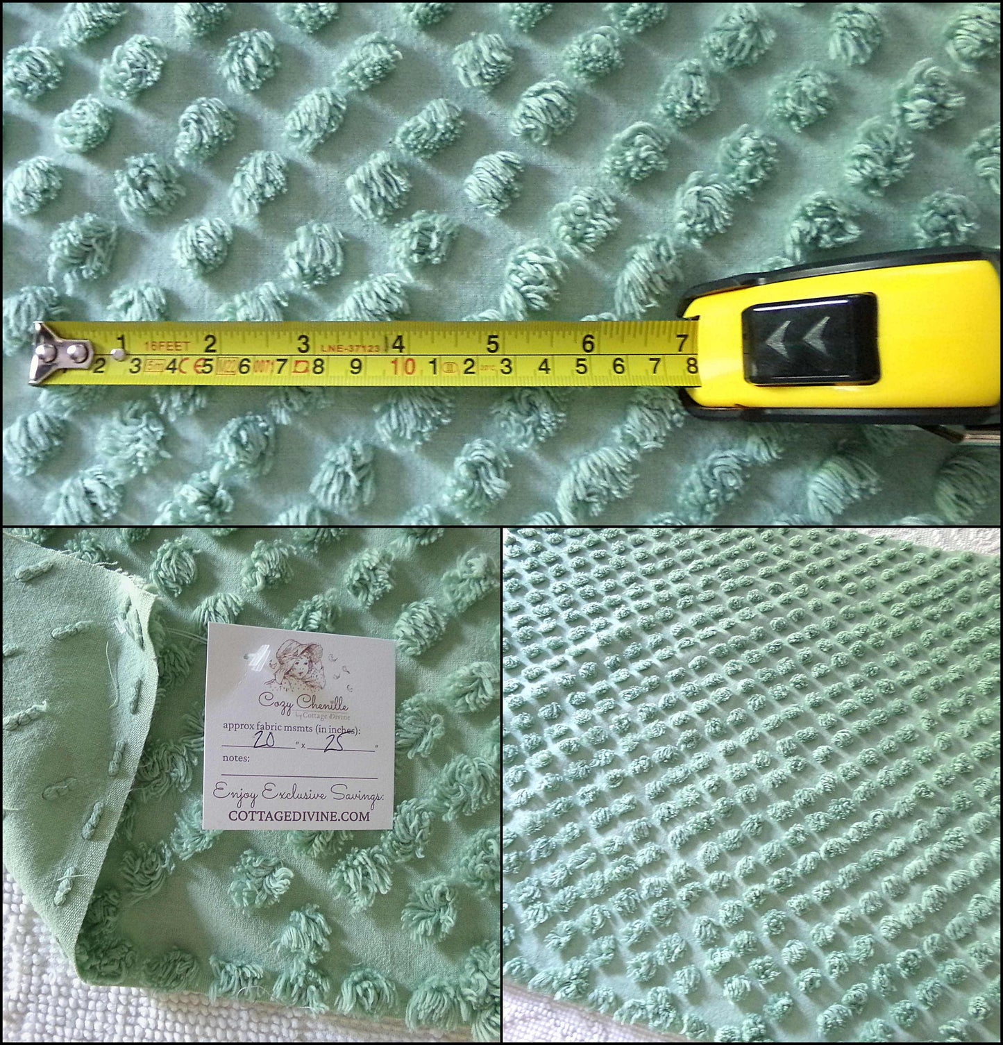 Vintage "Money Tree Green" Chenille Fabric, 20" x 25" inch Piece, Cute Puffy Dots, Great for Handmade Quilts, Crafts