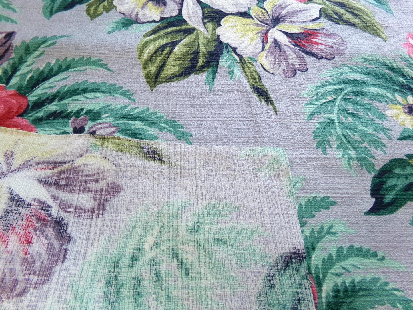 Botanical Vintage Barkcloth Fabric, Tropical Exotic Floral Print on Silvery Grey, 22" x 23" inches, Ideal Fabric Piece for Pillows
