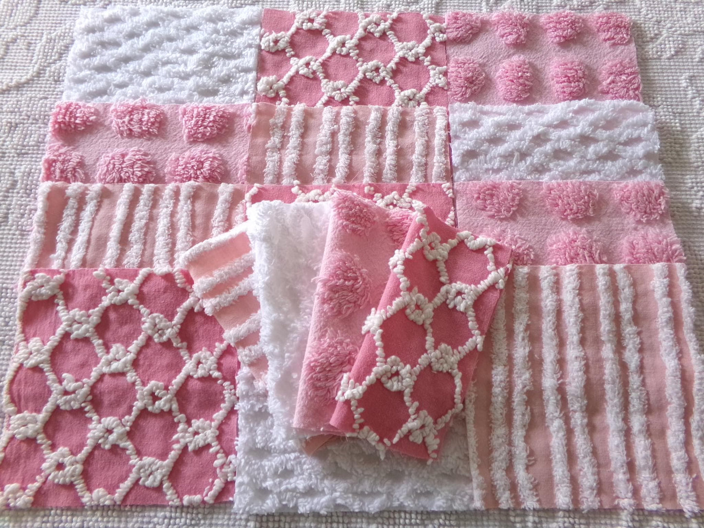 fun pink vintage chenille fabric squares, set of 16 quilt blocks, 6" x 6" inch, textured material ideal for rag quilts & patchwork pillows