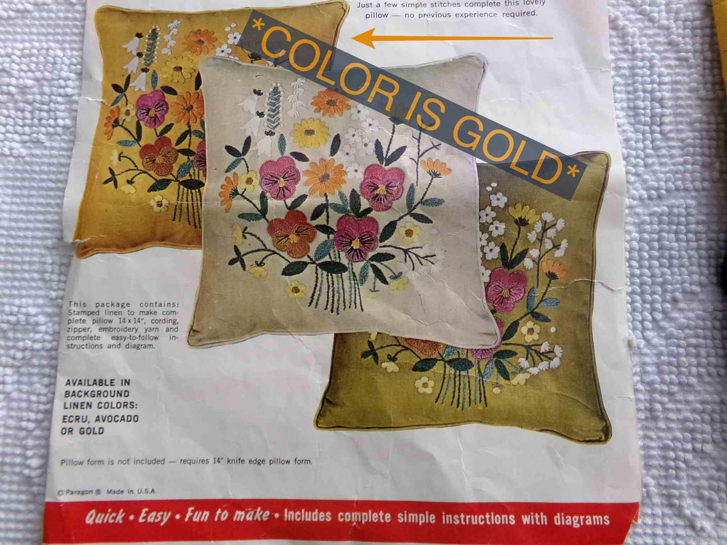 PANSY BOUQUET Pillow Kit by Paragon Creative Stitchery #0776 in Harvest GOLD, Vintage Hippie 1970s Crewel Embroidery, 14" x 14" Square Size