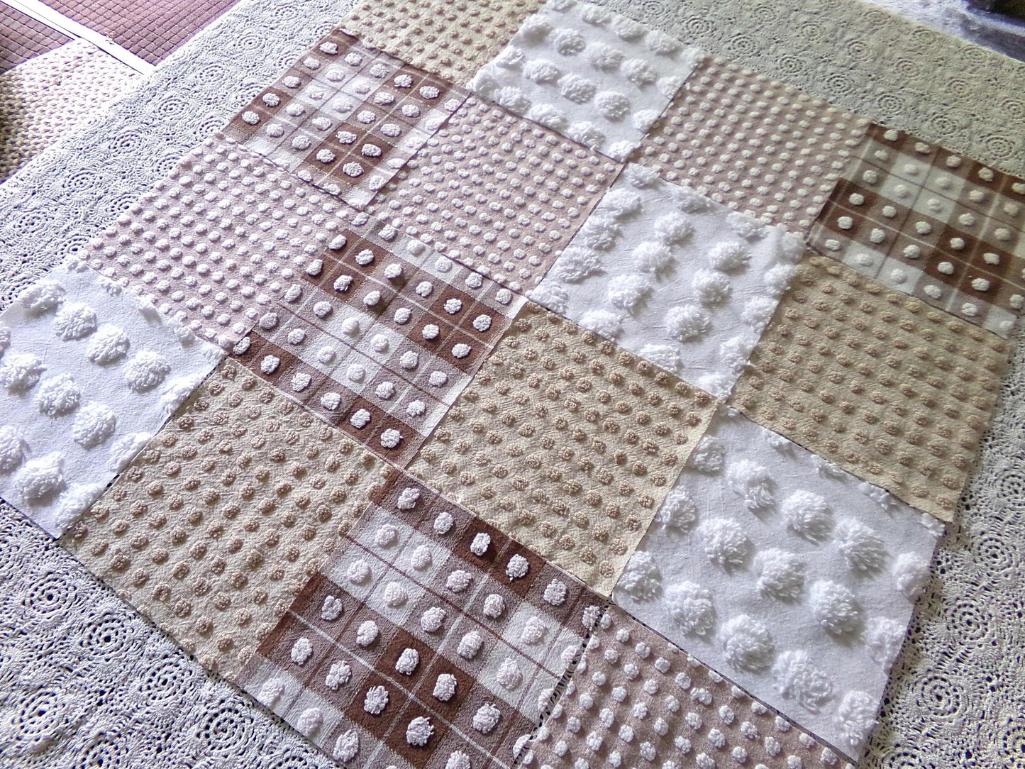 teddy bear browns chenille fabric squares, set of 16 vintage 6" quilt blocks for sewing, quilting, crafts in mocha, chocolate & white pops