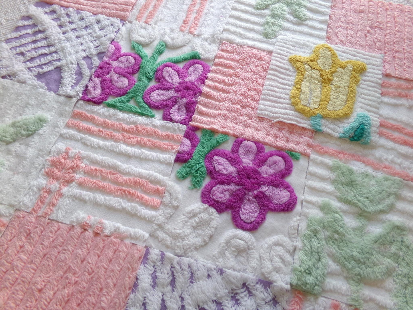 springtime mix 6" chenille squares, peach, white & purple set of 17 craft quilt blocks cut from vintage chenille bedspread fabrics