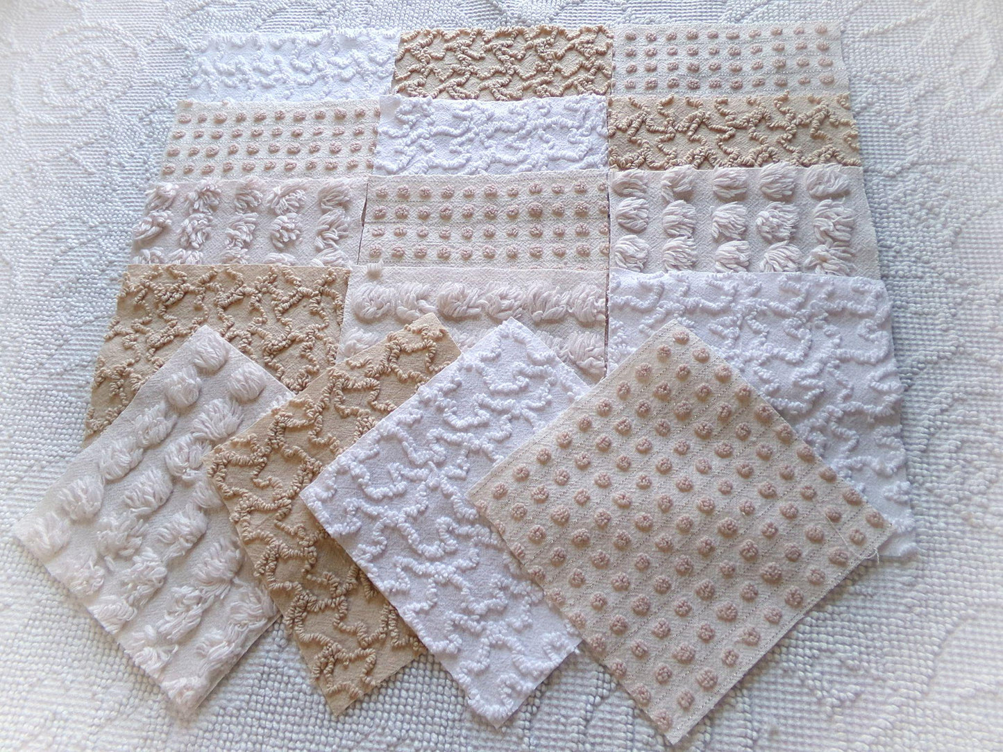 Neutral Modern Mocha & White Chenille Fabric Squares Set, 16 Vintage Quilt Blocks, 6" x 6" inches each, for Quilting, Sewing, DIY Pillows