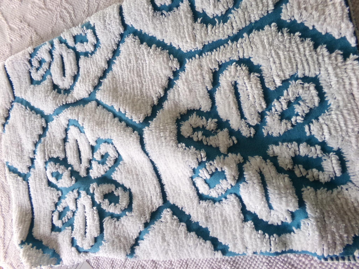 sea glass blue vintage fabric, texturized white daisy block design, 20" x 25" piece of sewing material cut from chenille bedspread