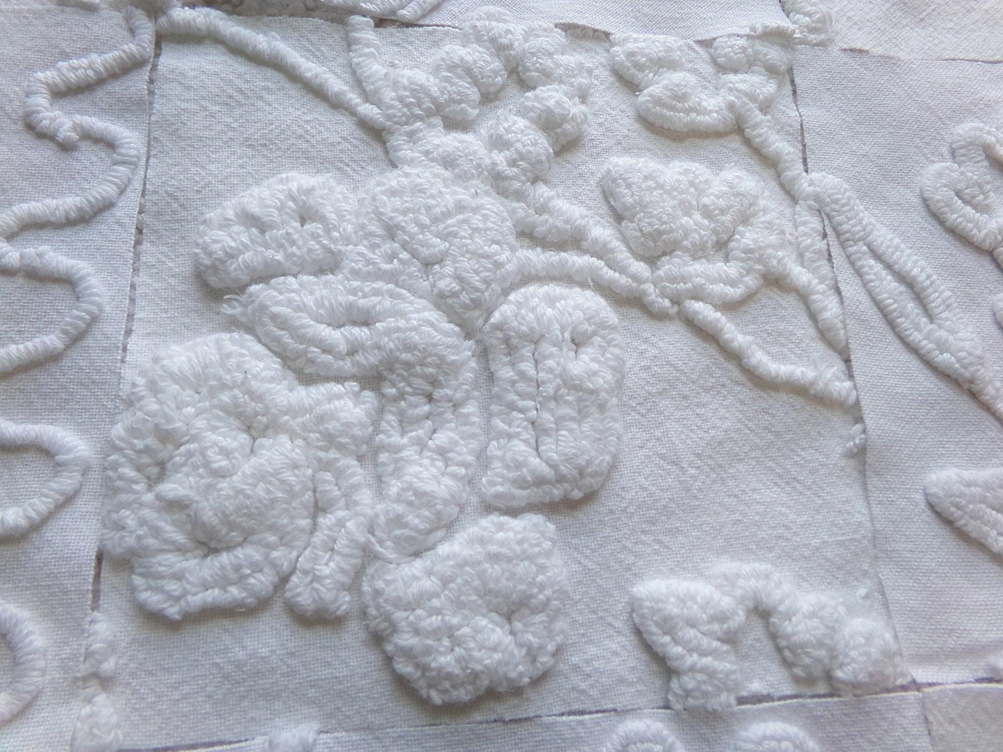 Vintage Chenille Fabric Squares in Rose Lily White Florals from Vintage Bedspread Fabric, Set of 16 Quilt Blocks, 6" x 6" inch