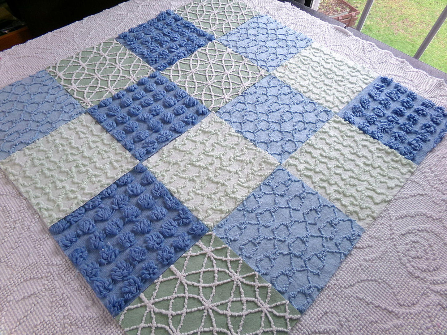 misty mermaid chenille fabric squares, 16 vintage 6" quilt blocks in coastal blue & green, for sewing, crafts, fiber arts